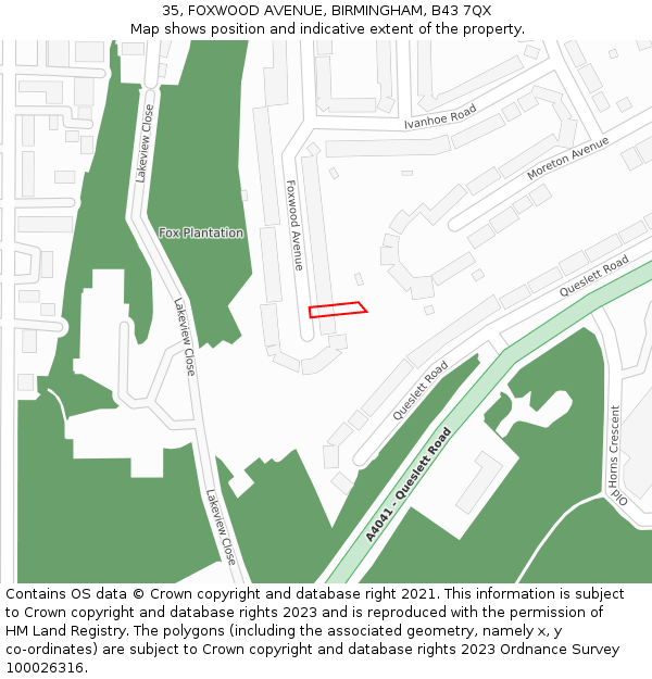 35, FOXWOOD AVENUE, BIRMINGHAM, B43 7QX: Location map and indicative extent of plot