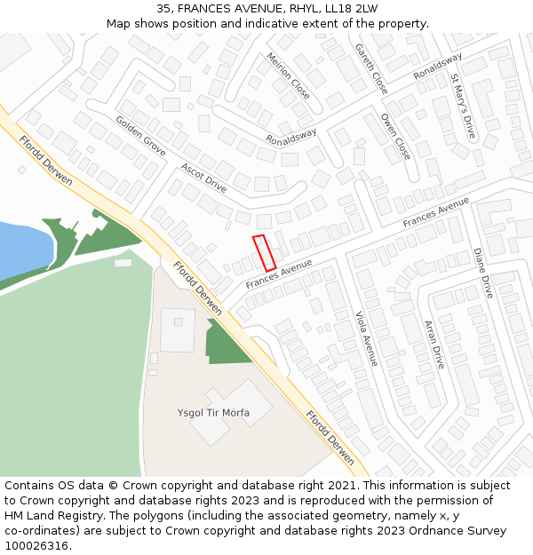 35, FRANCES AVENUE, RHYL, LL18 2LW: Location map and indicative extent of plot