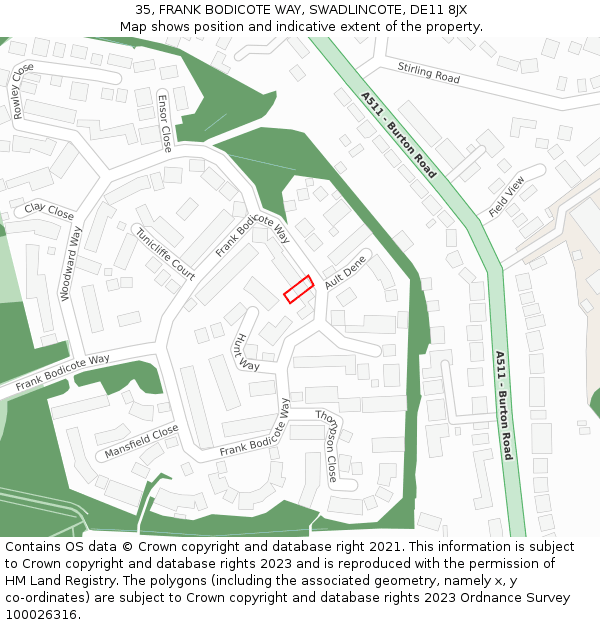 35, FRANK BODICOTE WAY, SWADLINCOTE, DE11 8JX: Location map and indicative extent of plot