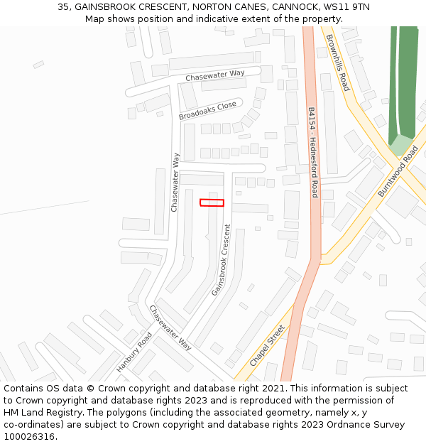 35, GAINSBROOK CRESCENT, NORTON CANES, CANNOCK, WS11 9TN: Location map and indicative extent of plot