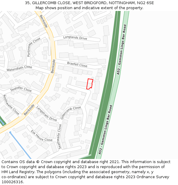 35, GILLERCOMB CLOSE, WEST BRIDGFORD, NOTTINGHAM, NG2 6SE: Location map and indicative extent of plot