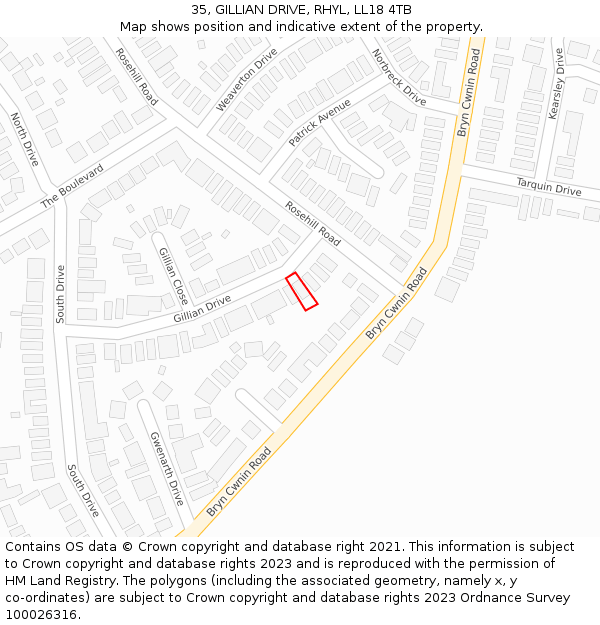 35, GILLIAN DRIVE, RHYL, LL18 4TB: Location map and indicative extent of plot