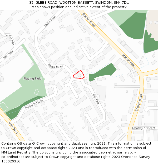 35, GLEBE ROAD, WOOTTON BASSETT, SWINDON, SN4 7DU: Location map and indicative extent of plot