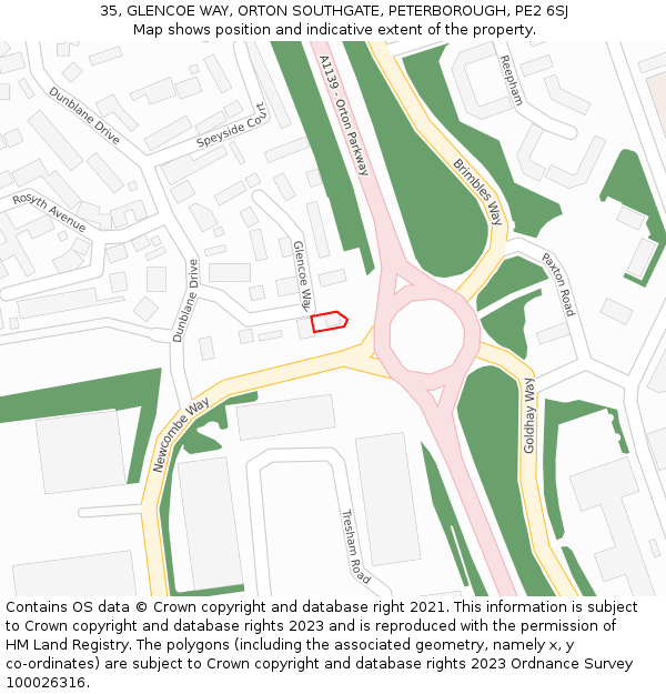 35, GLENCOE WAY, ORTON SOUTHGATE, PETERBOROUGH, PE2 6SJ: Location map and indicative extent of plot