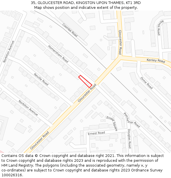 35, GLOUCESTER ROAD, KINGSTON UPON THAMES, KT1 3RD: Location map and indicative extent of plot