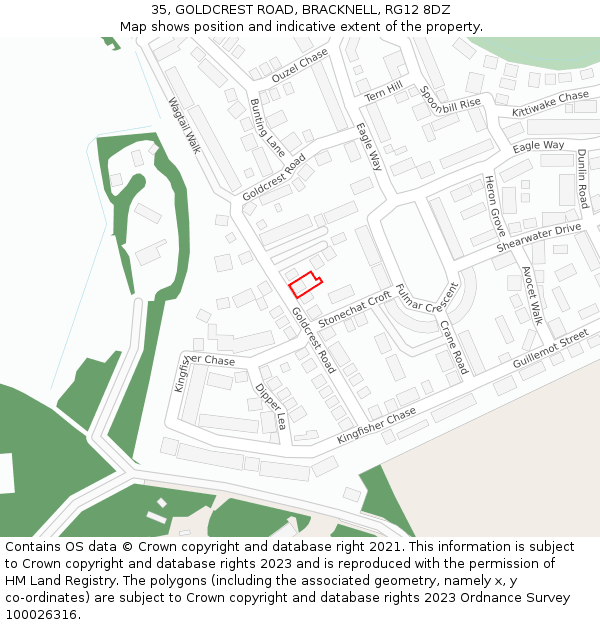 35, GOLDCREST ROAD, BRACKNELL, RG12 8DZ: Location map and indicative extent of plot