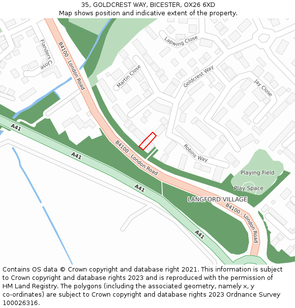 35, GOLDCREST WAY, BICESTER, OX26 6XD: Location map and indicative extent of plot
