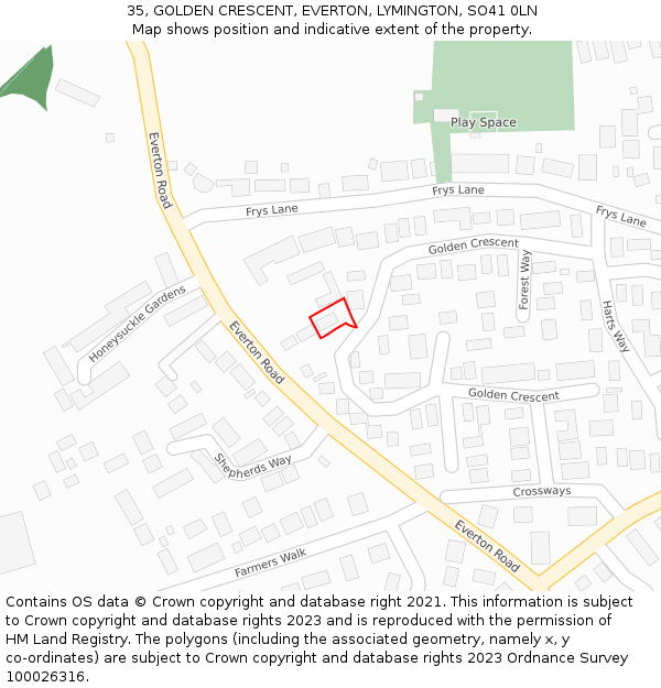 35, GOLDEN CRESCENT, EVERTON, LYMINGTON, SO41 0LN: Location map and indicative extent of plot