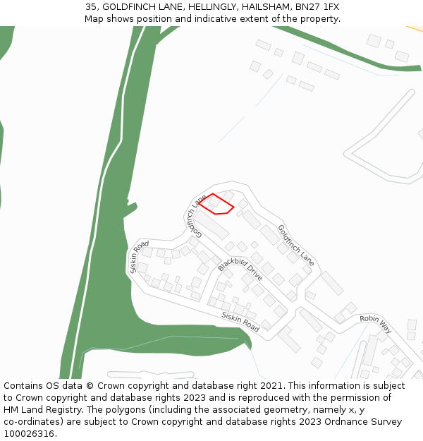 35, GOLDFINCH LANE, HELLINGLY, HAILSHAM, BN27 1FX: Location map and indicative extent of plot