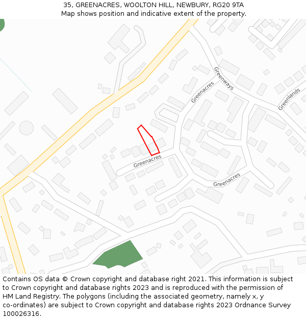 35, GREENACRES, WOOLTON HILL, NEWBURY, RG20 9TA: Location map and indicative extent of plot