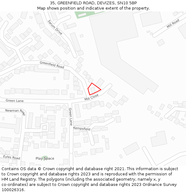 35, GREENFIELD ROAD, DEVIZES, SN10 5BP: Location map and indicative extent of plot