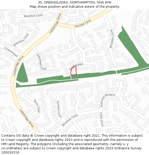 35, GREENGLADES, NORTHAMPTON, NN4 9YW: Location map and indicative extent of plot