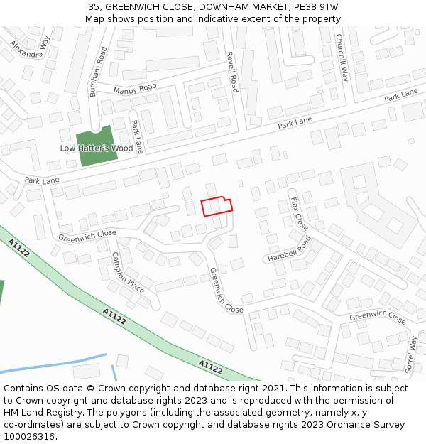 35, GREENWICH CLOSE, DOWNHAM MARKET, PE38 9TW: Location map and indicative extent of plot