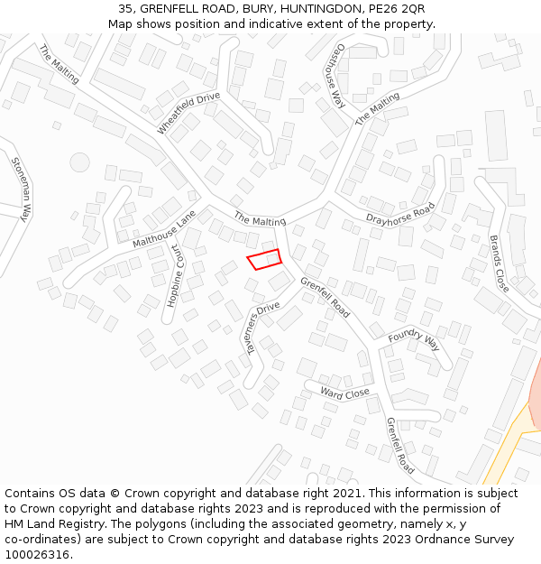 35, GRENFELL ROAD, BURY, HUNTINGDON, PE26 2QR: Location map and indicative extent of plot