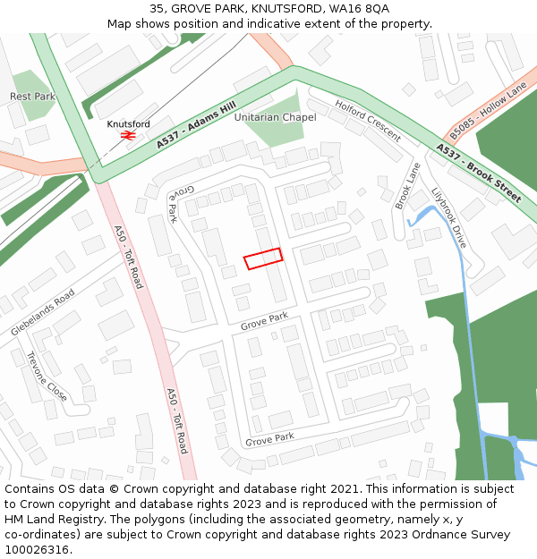 35, GROVE PARK, KNUTSFORD, WA16 8QA: Location map and indicative extent of plot