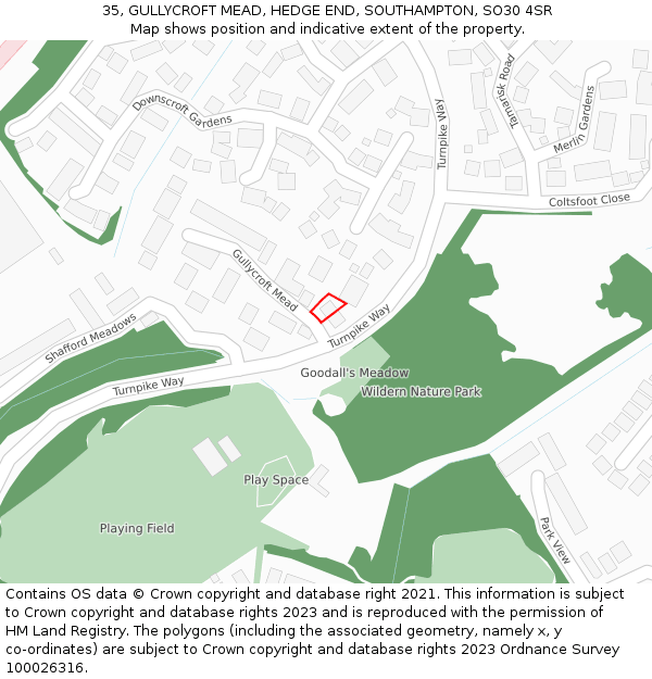 35, GULLYCROFT MEAD, HEDGE END, SOUTHAMPTON, SO30 4SR: Location map and indicative extent of plot