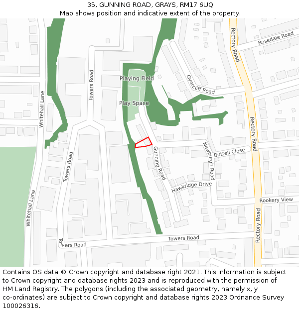 35, GUNNING ROAD, GRAYS, RM17 6UQ: Location map and indicative extent of plot