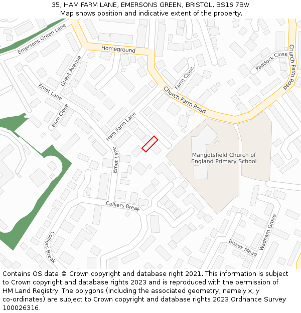 35, HAM FARM LANE, EMERSONS GREEN, BRISTOL, BS16 7BW: Location map and indicative extent of plot