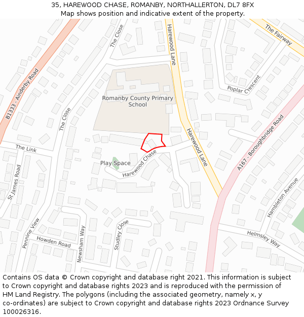 35, HAREWOOD CHASE, ROMANBY, NORTHALLERTON, DL7 8FX: Location map and indicative extent of plot