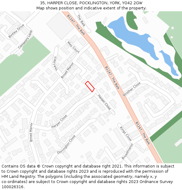 35, HARPER CLOSE, POCKLINGTON, YORK, YO42 2GW: Location map and indicative extent of plot