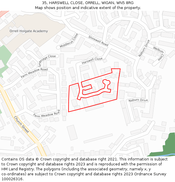35, HARSWELL CLOSE, ORRELL, WIGAN, WN5 8RG: Location map and indicative extent of plot