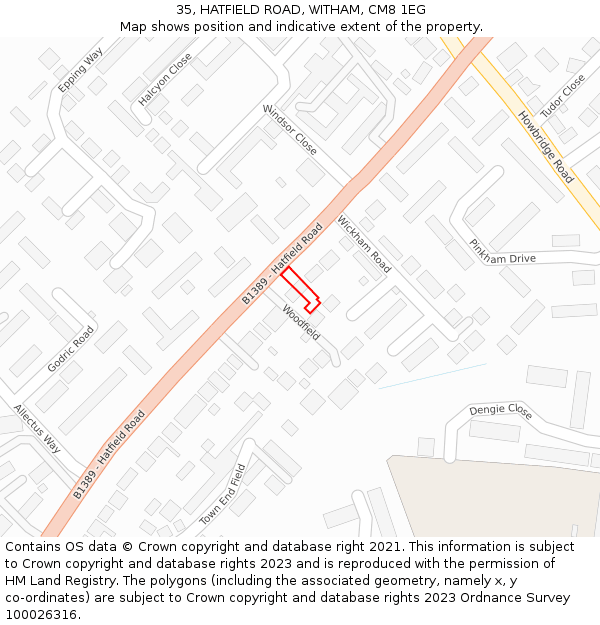 35, HATFIELD ROAD, WITHAM, CM8 1EG: Location map and indicative extent of plot