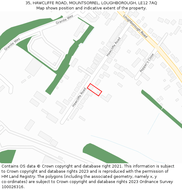 35, HAWCLIFFE ROAD, MOUNTSORREL, LOUGHBOROUGH, LE12 7AQ: Location map and indicative extent of plot