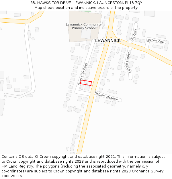 35, HAWKS TOR DRIVE, LEWANNICK, LAUNCESTON, PL15 7QY: Location map and indicative extent of plot