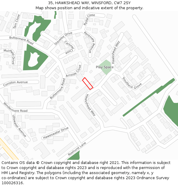 35, HAWKSHEAD WAY, WINSFORD, CW7 2SY: Location map and indicative extent of plot
