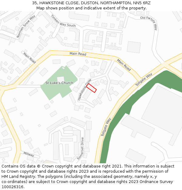 35, HAWKSTONE CLOSE, DUSTON, NORTHAMPTON, NN5 6RZ: Location map and indicative extent of plot