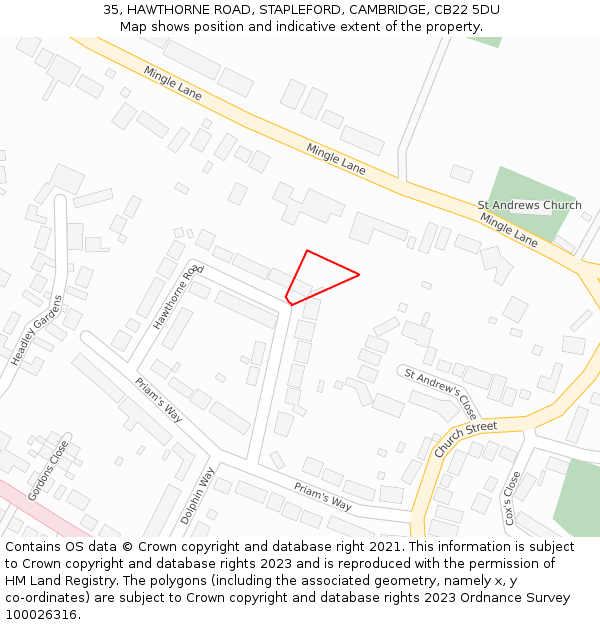 35, HAWTHORNE ROAD, STAPLEFORD, CAMBRIDGE, CB22 5DU: Location map and indicative extent of plot