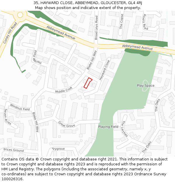 35, HAYWARD CLOSE, ABBEYMEAD, GLOUCESTER, GL4 4RJ: Location map and indicative extent of plot