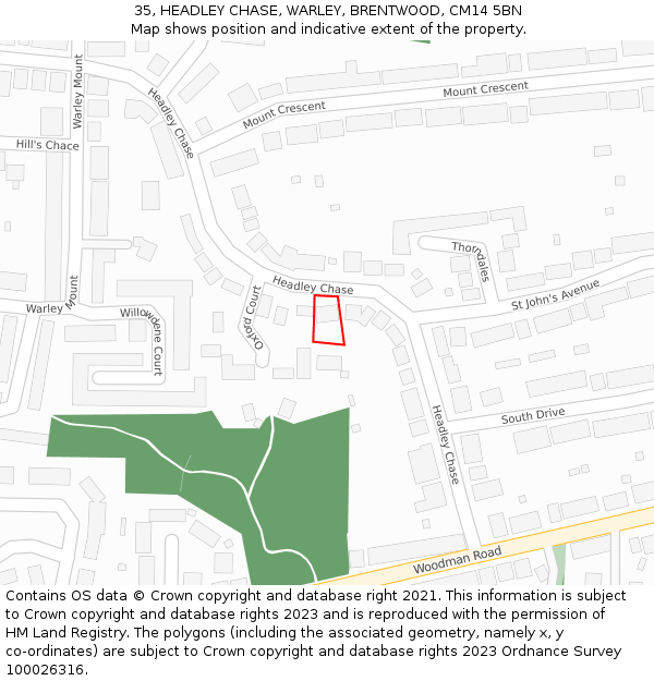 35, HEADLEY CHASE, WARLEY, BRENTWOOD, CM14 5BN: Location map and indicative extent of plot