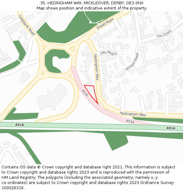 35, HEDINGHAM WAY, MICKLEOVER, DERBY, DE3 0NX: Location map and indicative extent of plot