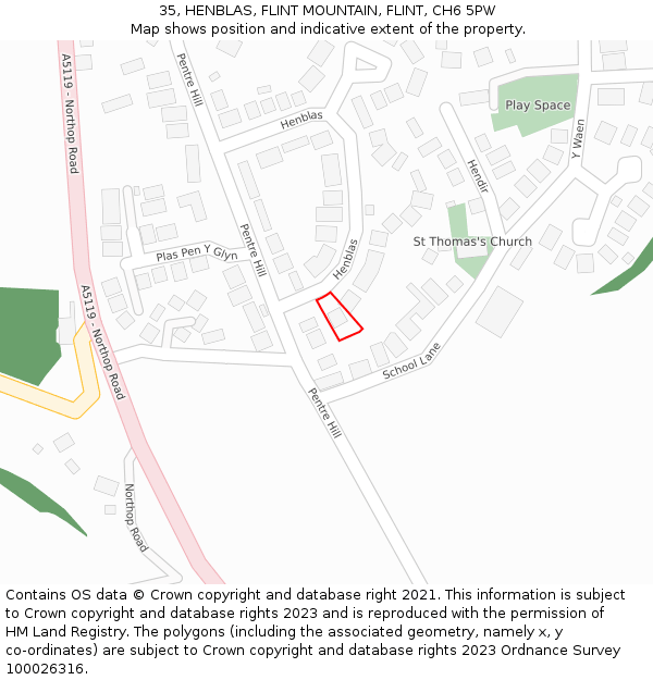 35, HENBLAS, FLINT MOUNTAIN, FLINT, CH6 5PW: Location map and indicative extent of plot