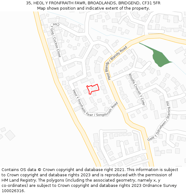 35, HEOL Y FRONFRAITH FAWR, BROADLANDS, BRIDGEND, CF31 5FR: Location map and indicative extent of plot