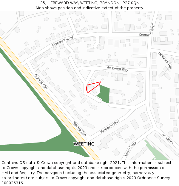 35, HEREWARD WAY, WEETING, BRANDON, IP27 0QN: Location map and indicative extent of plot