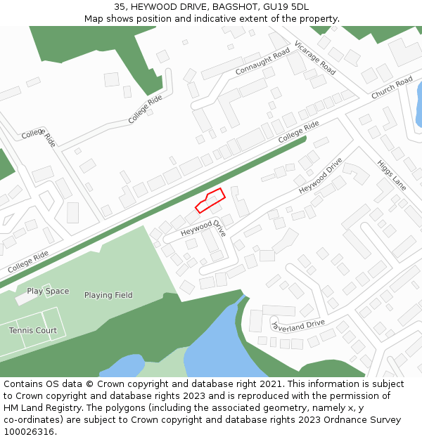 35, HEYWOOD DRIVE, BAGSHOT, GU19 5DL: Location map and indicative extent of plot