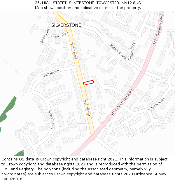 35, HIGH STREET, SILVERSTONE, TOWCESTER, NN12 8US: Location map and indicative extent of plot