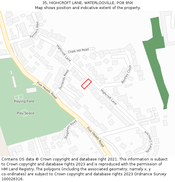 35, HIGHCROFT LANE, WATERLOOVILLE, PO8 9NX: Location map and indicative extent of plot