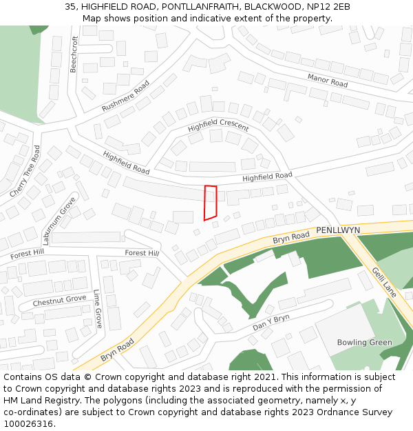 35, HIGHFIELD ROAD, PONTLLANFRAITH, BLACKWOOD, NP12 2EB: Location map and indicative extent of plot