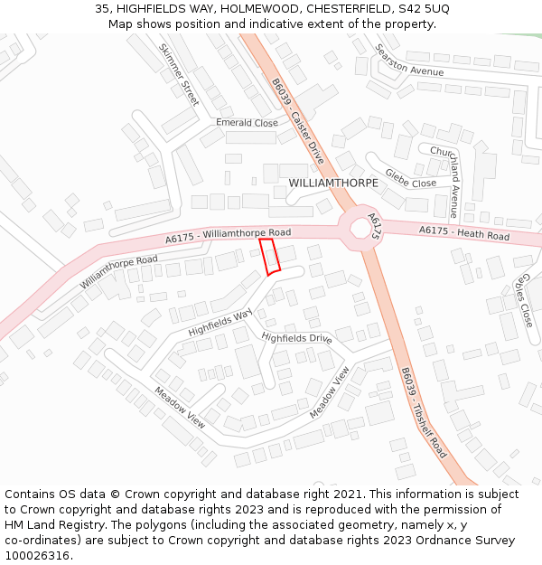 35, HIGHFIELDS WAY, HOLMEWOOD, CHESTERFIELD, S42 5UQ: Location map and indicative extent of plot
