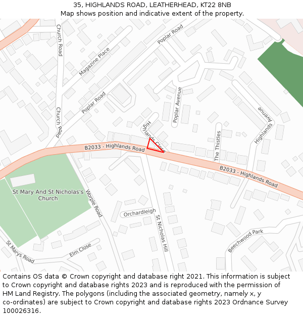 35, HIGHLANDS ROAD, LEATHERHEAD, KT22 8NB: Location map and indicative extent of plot