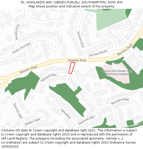 35, HIGHLANDS WAY, DIBDEN PURLIEU, SOUTHAMPTON, SO45 4HY: Location map and indicative extent of plot