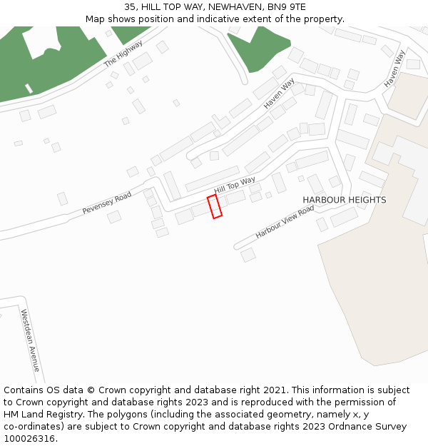 35, HILL TOP WAY, NEWHAVEN, BN9 9TE: Location map and indicative extent of plot