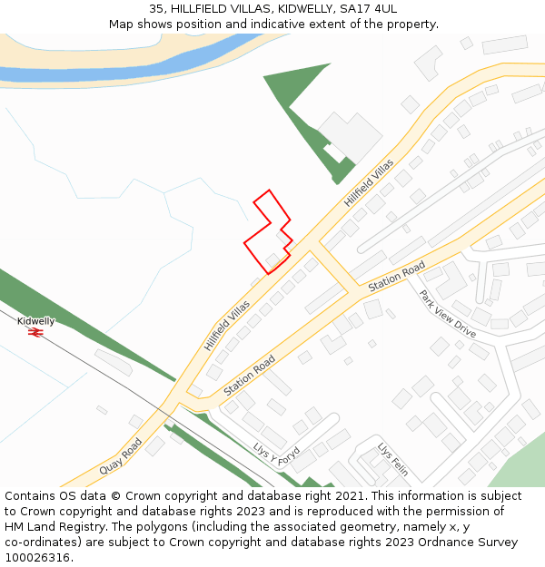 35, HILLFIELD VILLAS, KIDWELLY, SA17 4UL: Location map and indicative extent of plot