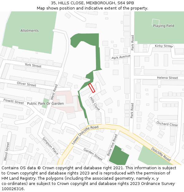 35, HILLS CLOSE, MEXBOROUGH, S64 9PB: Location map and indicative extent of plot