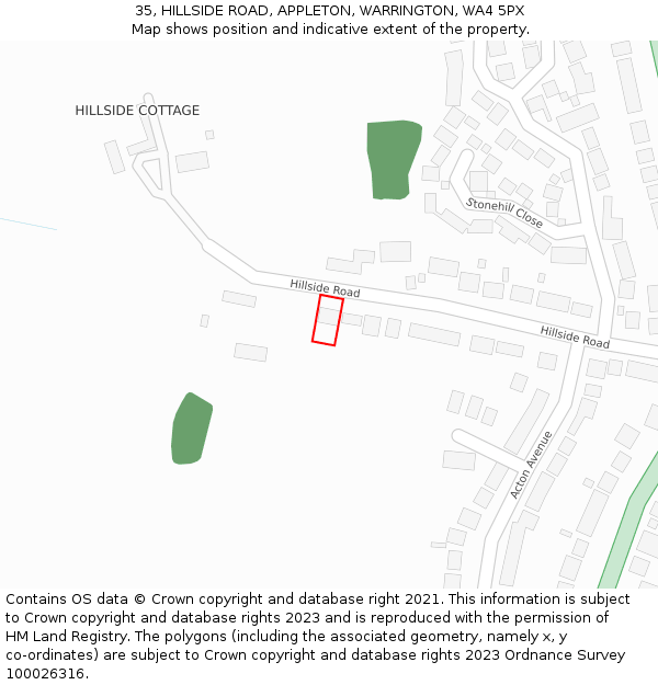35, HILLSIDE ROAD, APPLETON, WARRINGTON, WA4 5PX: Location map and indicative extent of plot
