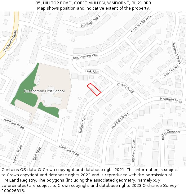 35, HILLTOP ROAD, CORFE MULLEN, WIMBORNE, BH21 3PR: Location map and indicative extent of plot