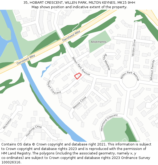 35, HOBART CRESCENT, WILLEN PARK, MILTON KEYNES, MK15 9HH: Location map and indicative extent of plot